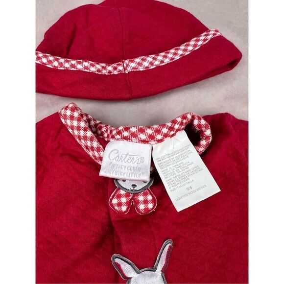 Y2K Carters Vintage Red Quilted Rabbit Gingham Cardigan Shirt Jacket Baby 0-6 Mo - Picture 3 of 4